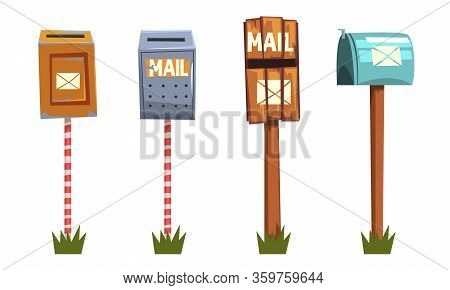 Mail Boxes Collection, Various Rettro Post Mailbox For Delivery Letters And Newspapers Vector Illust