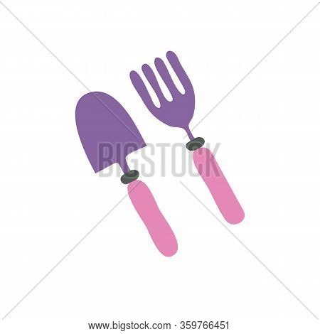 Garden Shovel And Rake Fork Isolated On White Background. Equipment For Digging And Raking Ground In