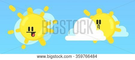 White Cloud And Yellow Sun With Smiling Face. Fluffy Clouds.