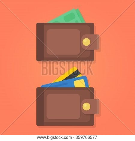 Wallet With Money And Credit Card Isolated Vector Illustration.