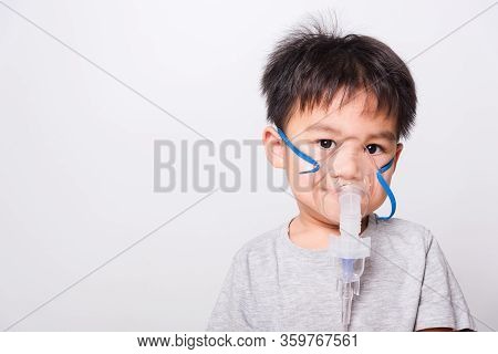 Closeup Asian Face, Little Children Boy Sick He Using Steam Inhaler Nebulizer Mask Inhalation Onesel