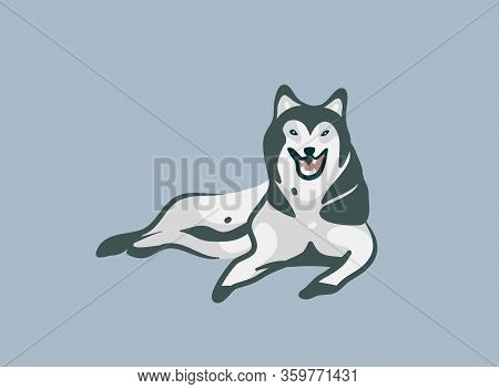 Hand Drawn Vector Stock Abstract Graphic Cartoon Illustration With Lying Husky Dog Isolated On Color
