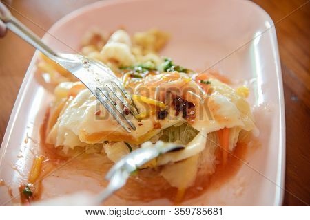 Close-up Of Khao Pun Phak And Iconic And Local Unique Food Of Laplae District In Uttaradit Province 