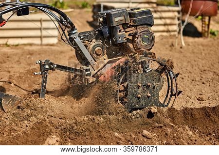 Gardener Cultivate Ground Soil With Tiller Tractor Or Rototiller, Cutivator