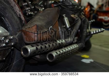 Wroclaw, Poland - August 11, 2019: Usa Cars Show: Close-up Of A Old Vintage Silver Colored Motorcycl