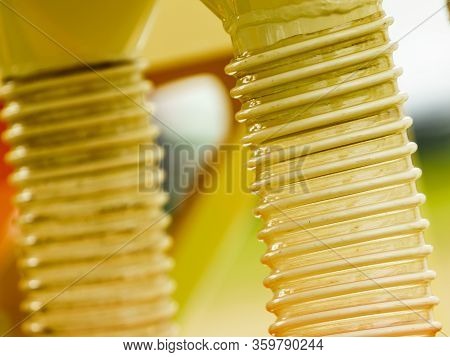 Grain Processing Machine, Detail View. Agricultural Seeder Machine With Plastics Pipes Using For Sor