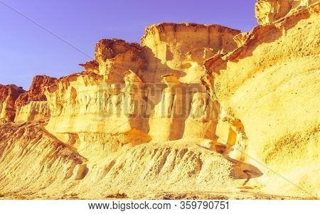 Famous Rock Erosion Formations In Bolnuevo, Near Mazarron. Yellow Sandstone Shapes. Murcia Spain. Pl
