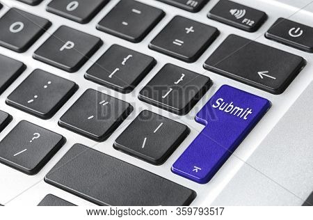 Modern Laptop Keyboard, Closeup View. Bootstrap Button