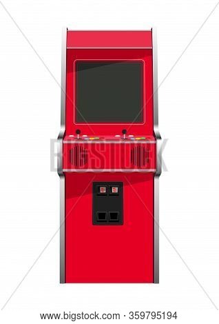 A Vector Illustration Of A Vintage Red Unbranded Arcade Machine With Controls And Buttons And A Blan