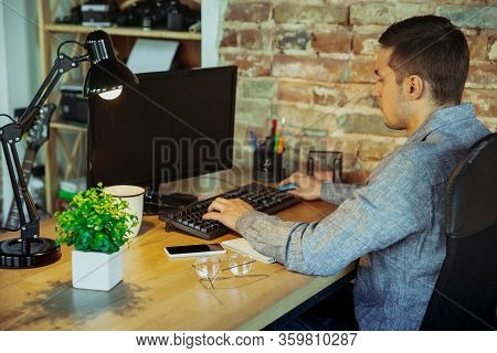 Typing Text. Man Working From Home During Coronavirus Or Covid-19 Quarantine, Remote Office Concept.