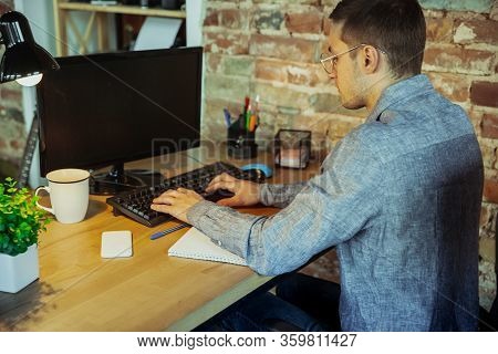 Typing Text. Man Working From Home During Coronavirus Or Covid-19 Quarantine, Remote Office Concept.