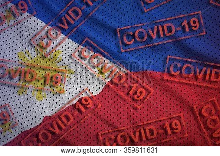 Philippines Flag And Many Red Covid-19 Stamps. Coronavirus Or 2019-ncov Virus Concept