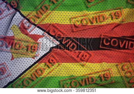 Zimbabwe Flag And Many Red Covid-19 Stamps. Coronavirus Or 2019-ncov Virus Concept