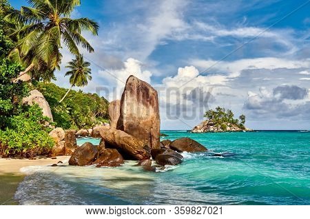 Beautiful beach with palm tree and rocks landscape at Seychelles, Mahe