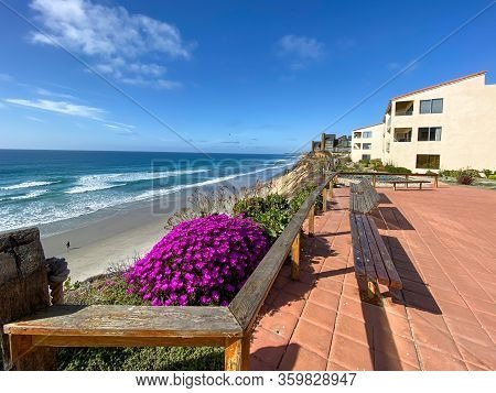A View Of Solana Beach From The Top Of The Cliff With Wood Bench , California, Usa