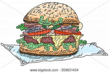 Burger With Meat And Sausage Sketch Drawing. Doodle Stock Illustration