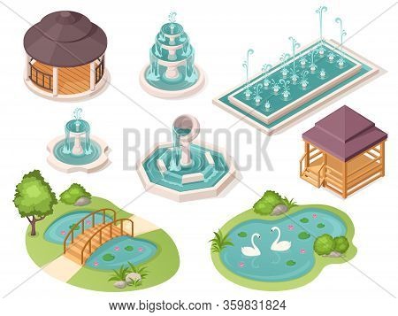 Park Fountains, Garden Ponds And Gazebo Pavilions, Vector Isolated Isometric Constructor Elements. P