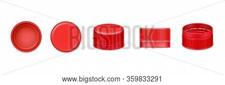 Set Of Isolated 3d Bottle Cap Or Vector Realistic Lid For Water. Red Beverage Cover From Top And Bot