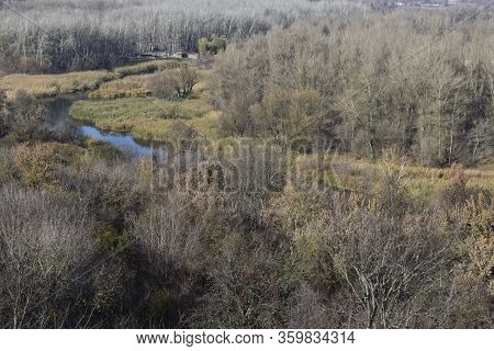 Landscape From Height On Green Steppes. Motherland Of Famous Painter Repin. Falling Leaves On The Sc