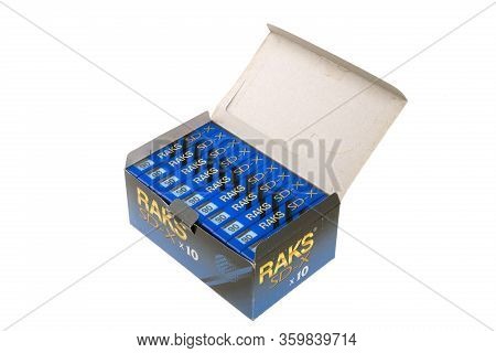 Giessen, Germany - 2019-08-17 Raks Tapes. Product Shot Of Package With 10 Raks Tapes Isolated On Whi