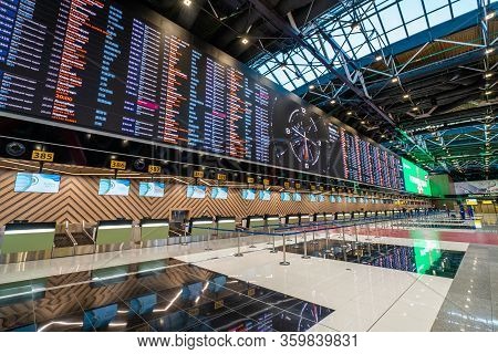 Moscow, Russia - 2020: Sheremetyevo International Airport, Flight Information Monitors And Check-in.