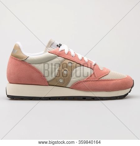 Vienna, Austria - August 6, 2017: Saucony Jazz Original Vintage Smu Pink And Beige Sneaker On White 