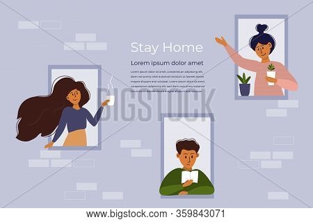 Stay Home Concept. House Facade With Windows. People Look Out Of Apartment. Greeting, Smiling And Co