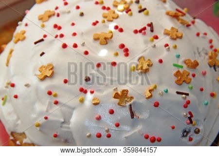 Easter Bread Decorated By Meringue And Edible Leaves With Flowers. Delicious Easter Bread Home-made 