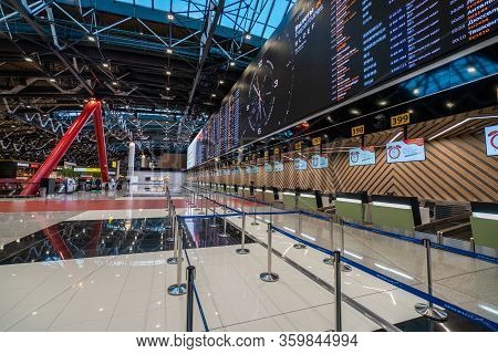 Moscow, Russia - 2020: Sheremetyevo International Airport, Terminal C. Check-in Counters Without Peo