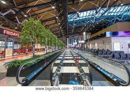Moscow, Russia - 2020: Sheremetyevo International Airport, Terminal C. Travelator. The Interior Of T