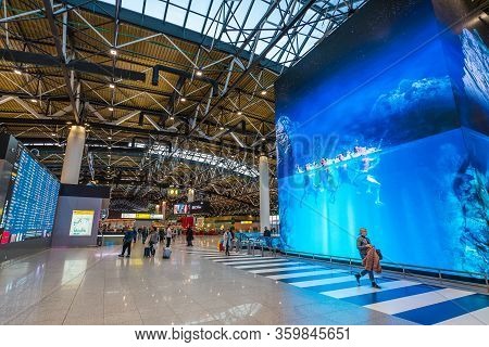 Moscow, Russia - 2020: Interior Of Sheremetyevo International Airport, Terminal C. Spacious Hall, Gl