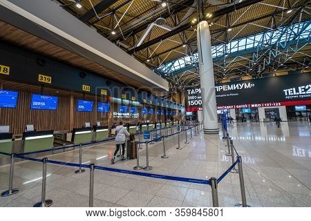 Moscow, Russia - 2020: Sheremetyevo International Airport, Terminal C, Check-in Counters.