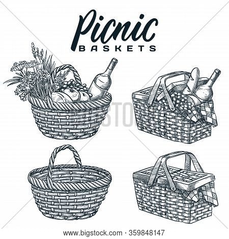 Picnic Baskets Set, Isolated On White Background. Vector Hand Drawn Sketch Illustration. Summer Outd