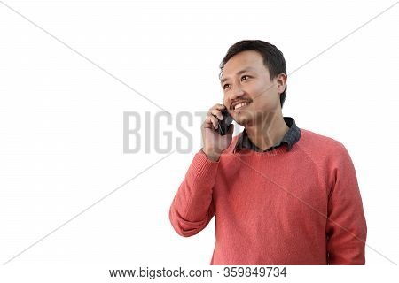 A Man Talking Over The Phone In A Happy Mood Isolated In White Background With Space For Text