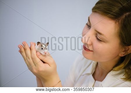 Woman Holds White Furry Little Mouse On White Background. Cute Young Mice In Hands Of Veterinarian. 
