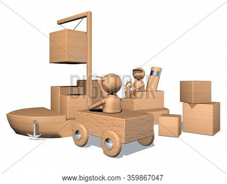 3d Rendering Loading Of Cargo Ship Process With Loader And Boxes