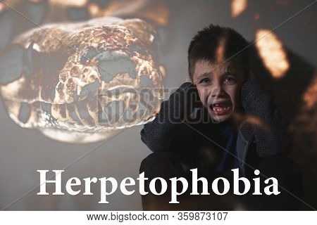 Double Exposure Of Scared Little Boy Suffering From Herpetophobia On Grey Background. Fear Or Aversi