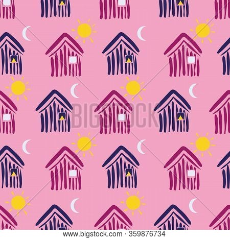 Pink And Purple Houses In Day And Night Seamless Vector Pattern. Village Themed Surface Print Design