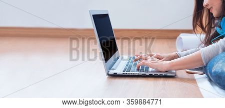 Wfh: Caucasian Asian Women Works From Home During The Coronavirus Crisis. Social Distancing And Phys