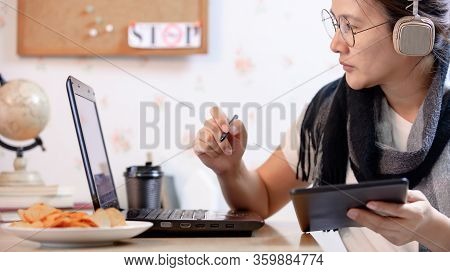 Wfh: Caucasian Asian Women Works From Home During The Coronavirus Crisis. Social Distancing And Phys