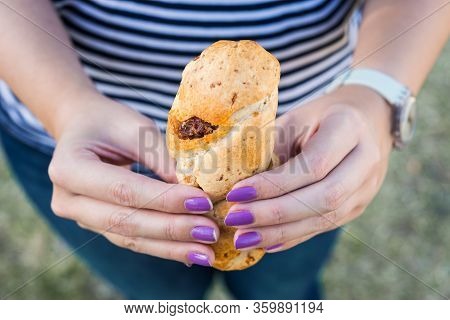 Paraguayan Chipa Cheese Bread With Chorizo Sausage At A Street Food Market.