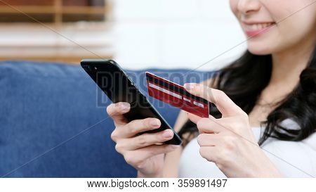 Online Phone Payment By Credit Card, Close Up Of Hand Using Mobile Phone Make Digital Money Payment 