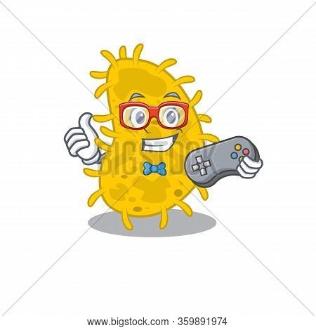 Mascot Design Concept Of Bacteria Spirilla Gamer Using Controller