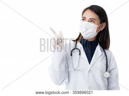 Medical Female People Wearing Surgical Hygiene Protective Mask On Face. Young Asian Doctor Female. P