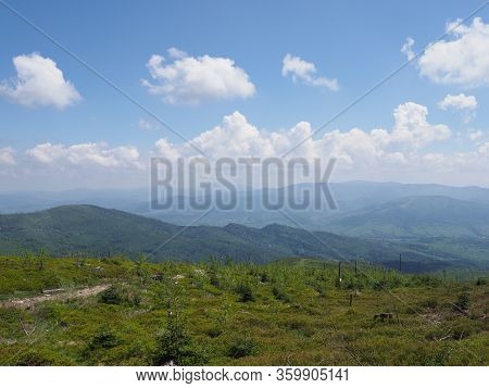 Wonderful Beskids Mountains Land Near Salmopol Pass View Above European City Of Szczyrk In Poland, C
