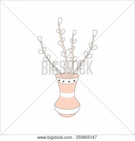 Spring April Flowers In Pot For Happy Easter Day, Decoration Elment. Holiday Willow Blossom In Vase.