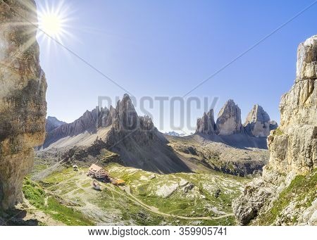 Traveling To Beautiful Alps In Summer. Tre Cime Di Lavaredo