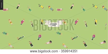 Waiting In Line, Seamless Pattern - Modern Flat Vector Concept Illustration Of A Young Men A Women S