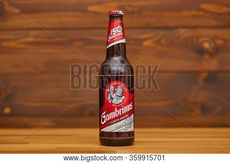 BUDAPEST, HUNGARY - DECEMBER 12, 2019: Bottle of Gambrinus Czech beer on a counter, 150th anniversary edition