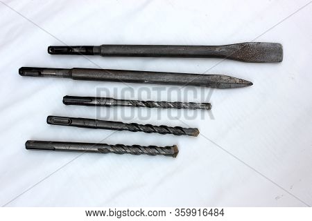 Drills For The Puncher Isolated On White. Old Steel Drills With A Diameter Of 8, 10 And 12 Mm. Punch